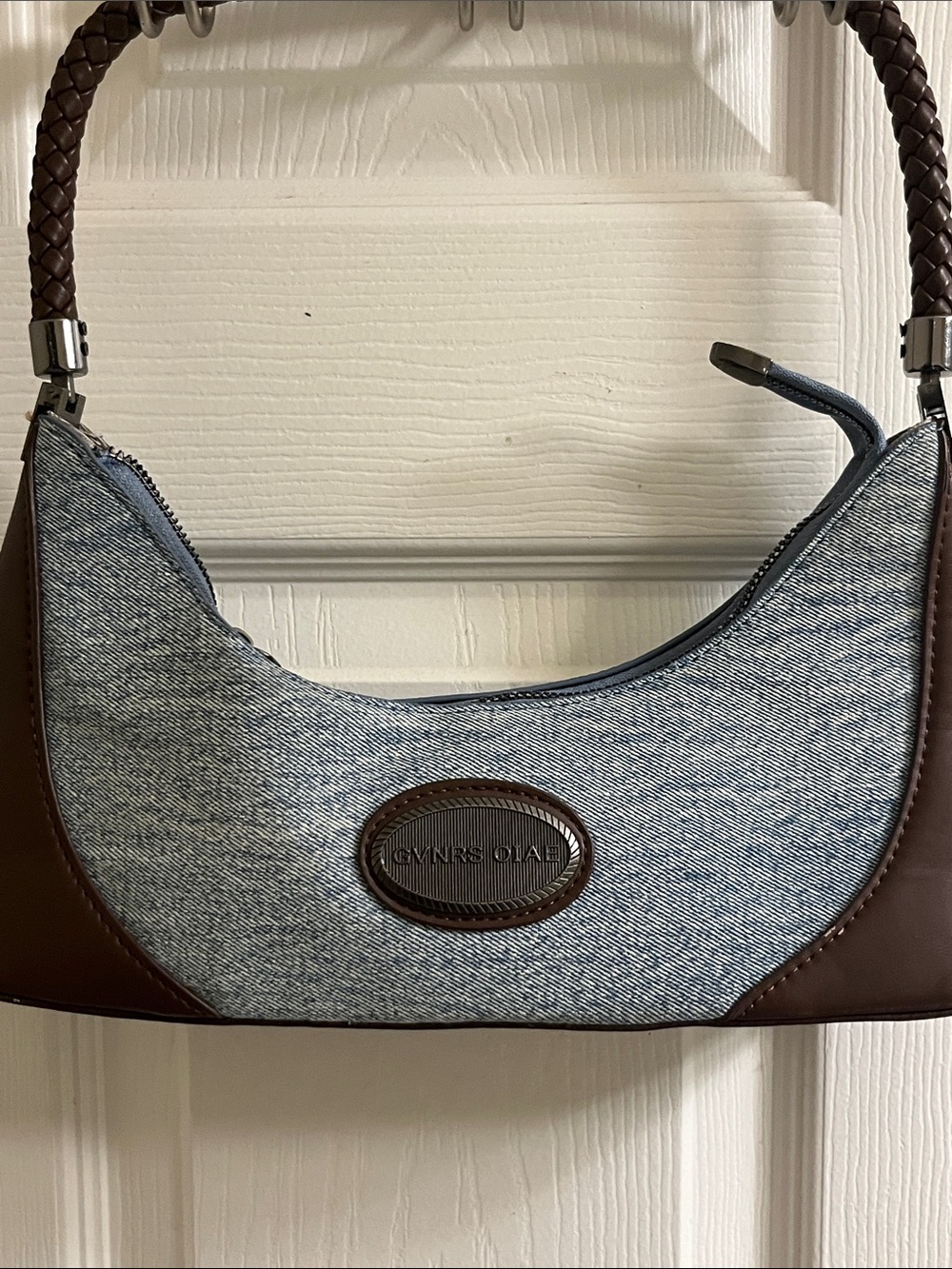 Denim and Brown Leather-Trim Shoulder Bag